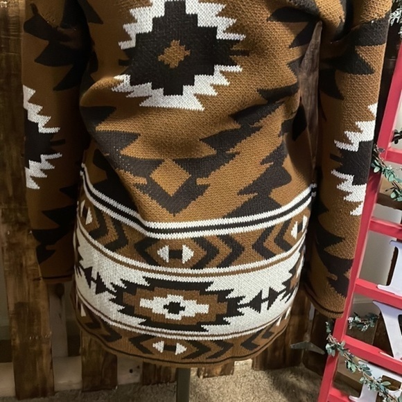 Lucky Brand Open Front Aztec Design Southwestern long Cardigan sweater Brown Sm - Picture 8 of 11